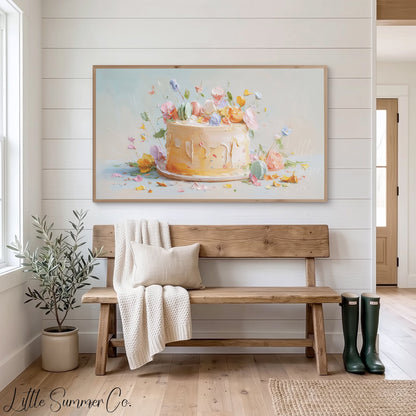 Celebration Cake with Flowers Frame TV Art displayed on a TV