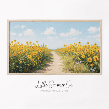 Sunflower Field Path Frame TV Art displayed on a TV
