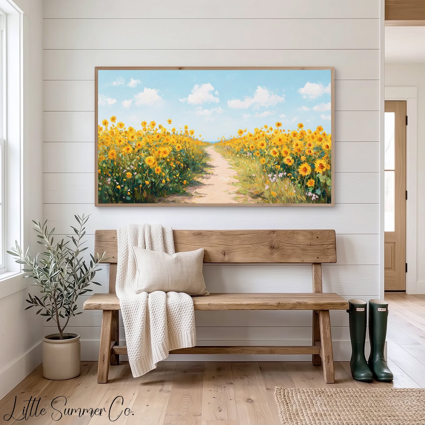 Sunflower Field Path Frame TV Art displayed on a TV