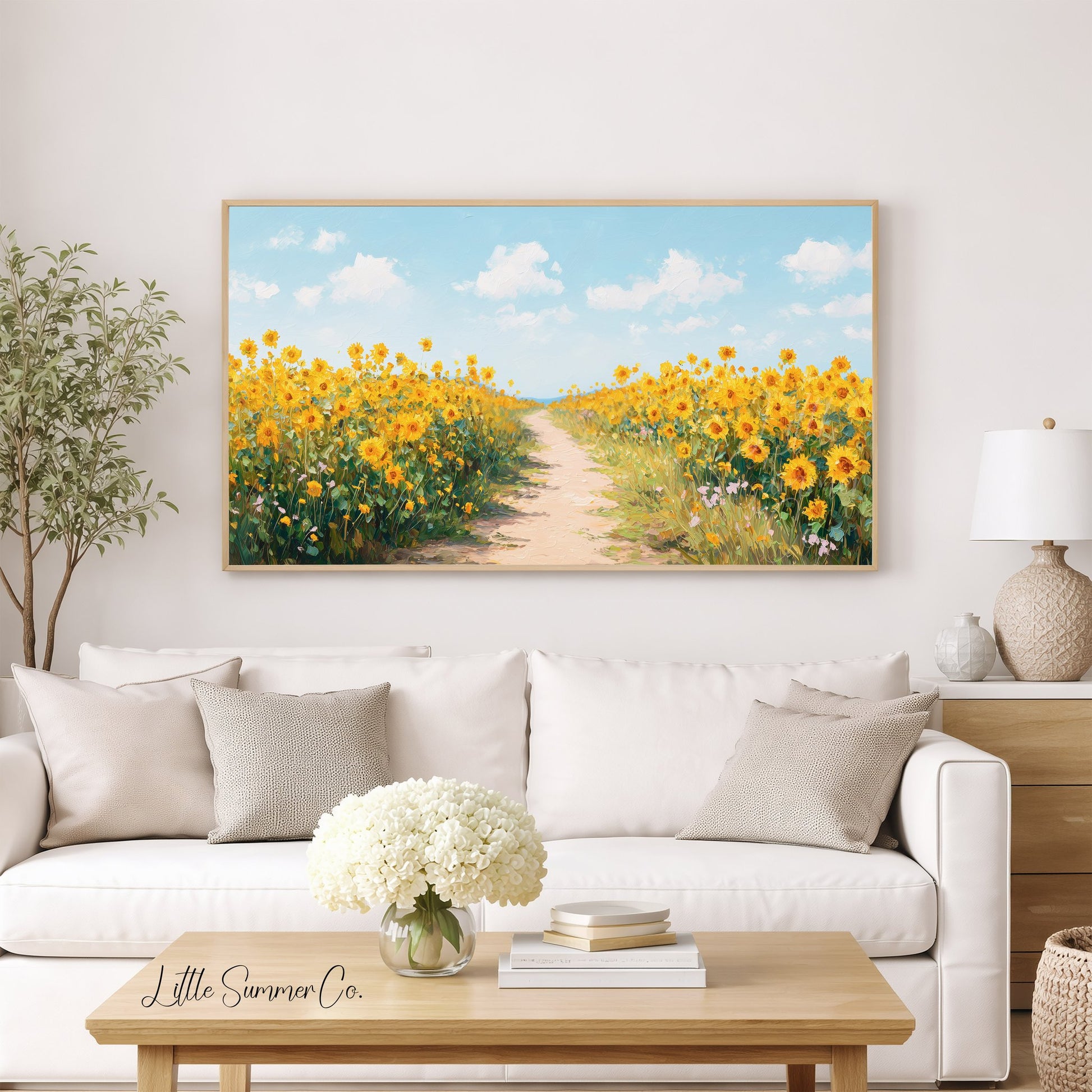 Sunflower Field Path Frame TV Art displayed on a TV