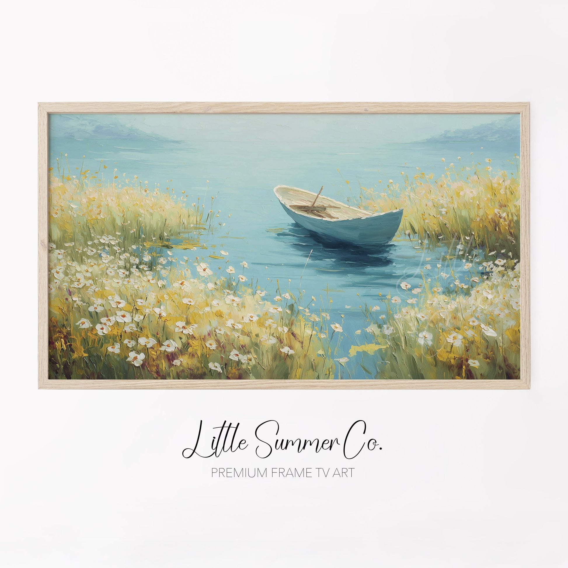 Rowboat on Wildflower Lake Frame TV Art displayed on a TV