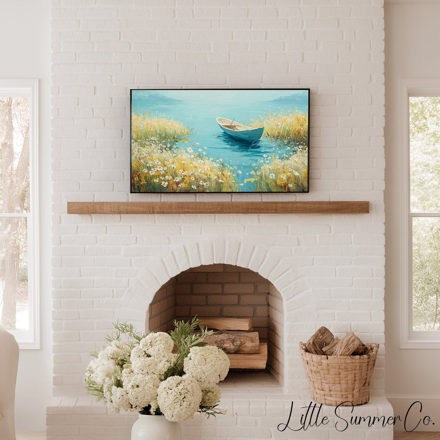 Rowboat on Wildflower Lake Frame TV Art displayed on a TV