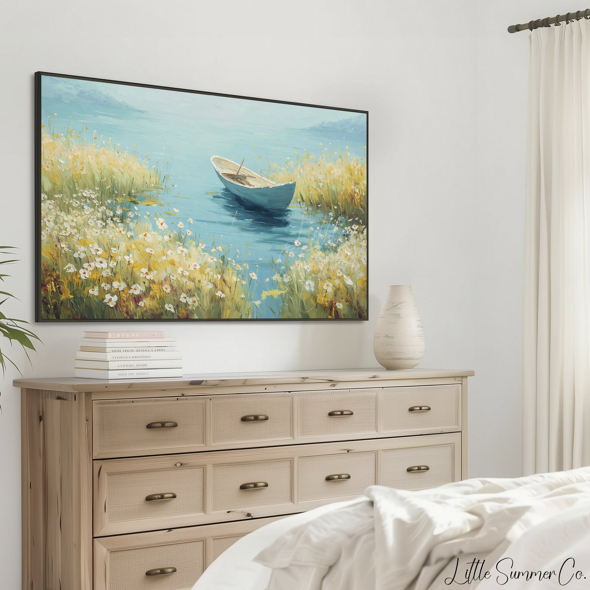 Rowboat on Wildflower Lake Frame TV Art displayed on a TV