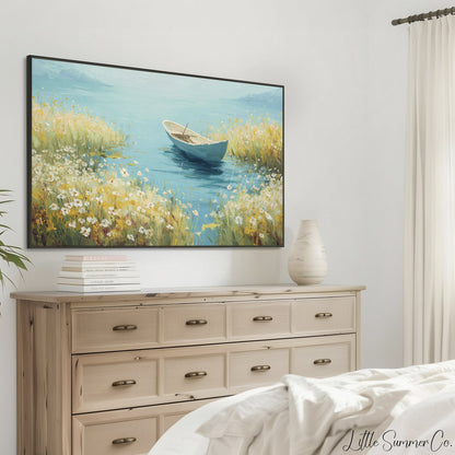 Rowboat on Wildflower Lake Frame TV Art displayed on a TV
