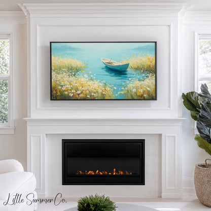 Rowboat on Wildflower Lake Frame TV Art displayed on a TV