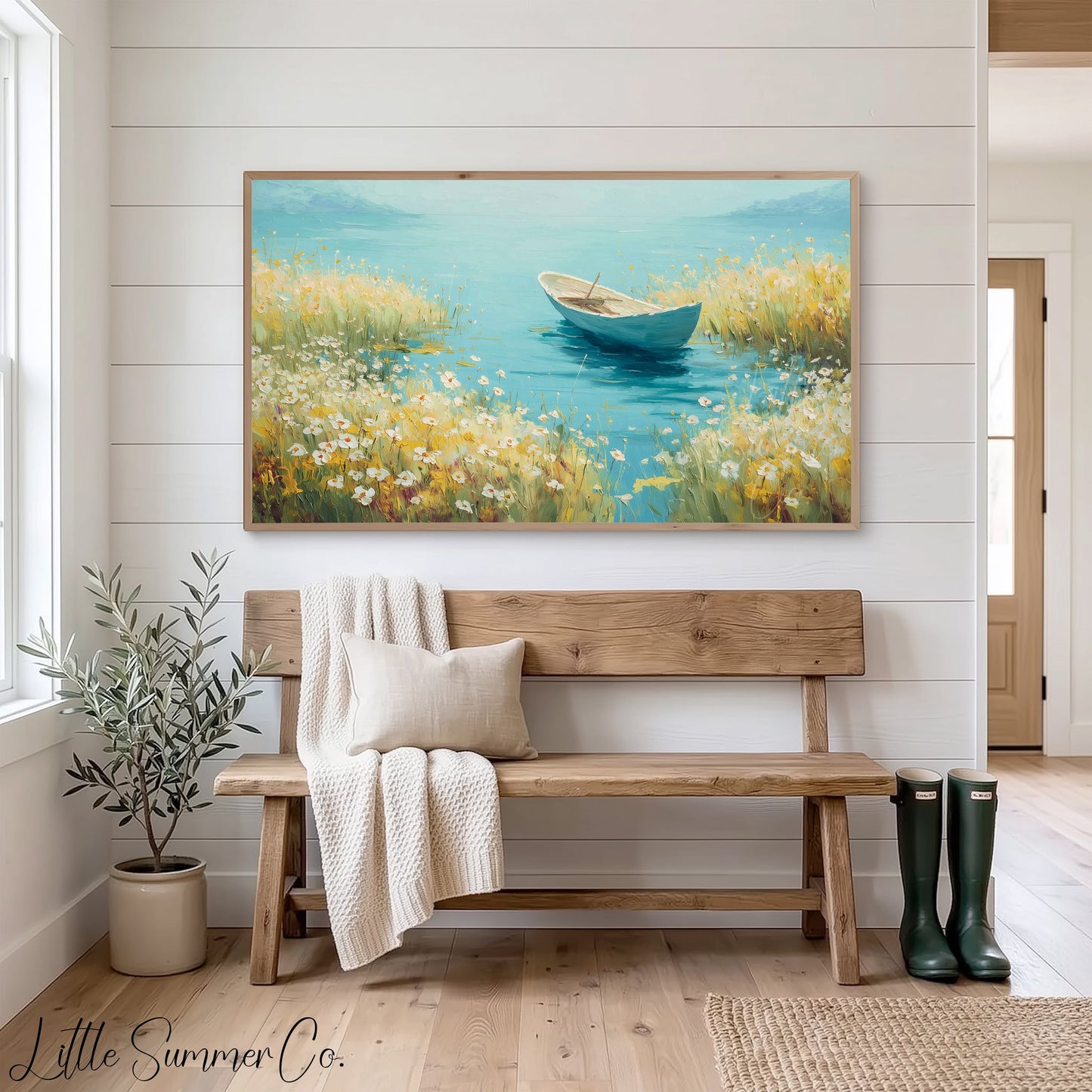 Rowboat on Wildflower Lake Frame TV Art displayed on a TV
