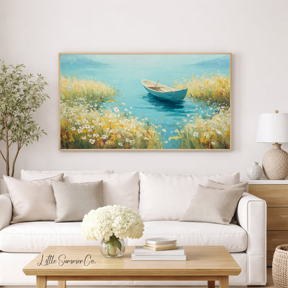 Rowboat on Wildflower Lake Frame TV Art displayed on a TV