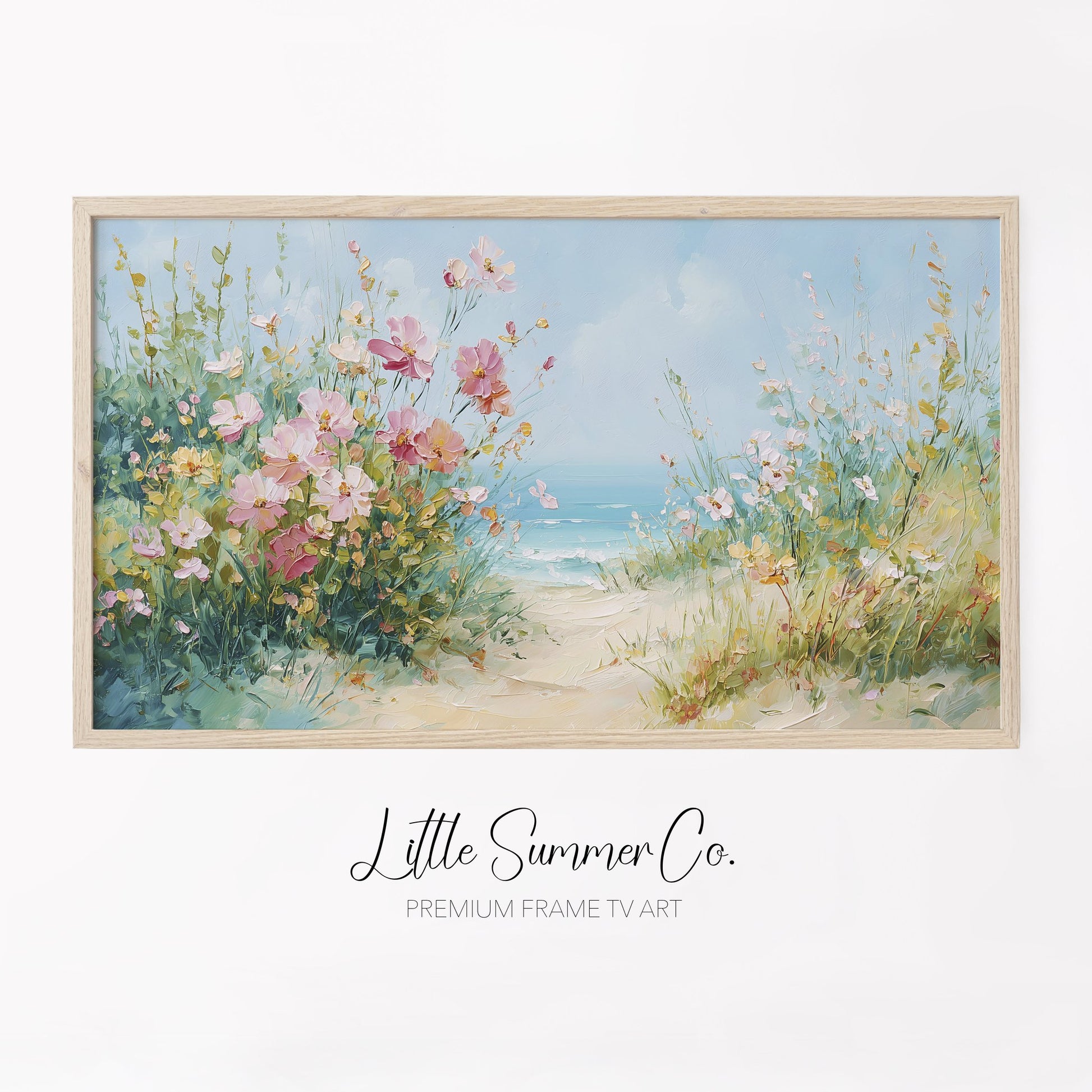 Coastal Wildflowers Beach Path Frame TV Art displayed on a TV