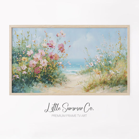 Coastal Wildflowers Beach Path Frame TV Art displayed on a TV