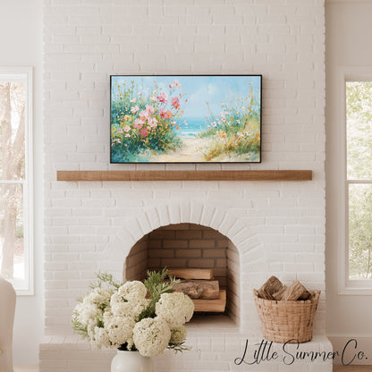 Coastal Wildflowers Beach Path Frame TV Art displayed on a TV