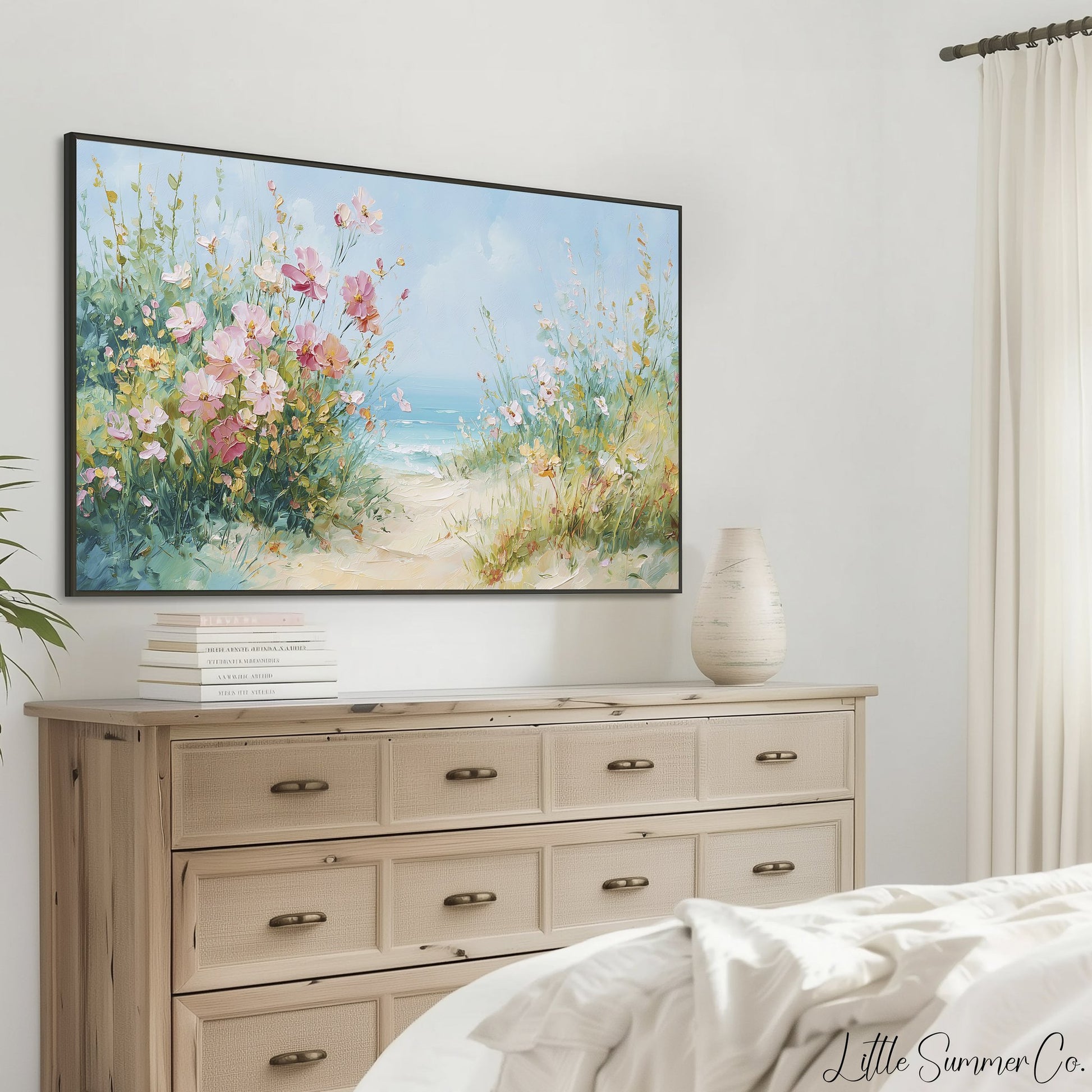 Coastal Wildflowers Beach Path Frame TV Art displayed on a TV
