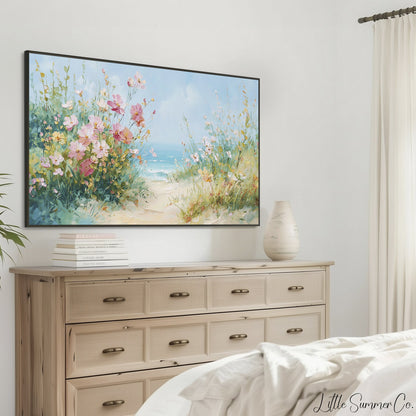 Coastal Wildflowers Beach Path Frame TV Art displayed on a TV