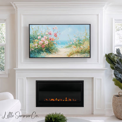 Coastal Wildflowers Beach Path Frame TV Art displayed on a TV