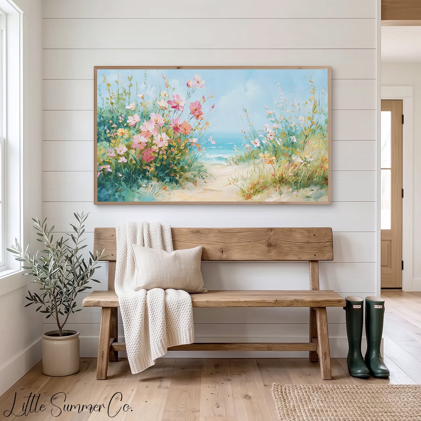 Coastal Wildflowers Beach Path Frame TV Art displayed on a TV