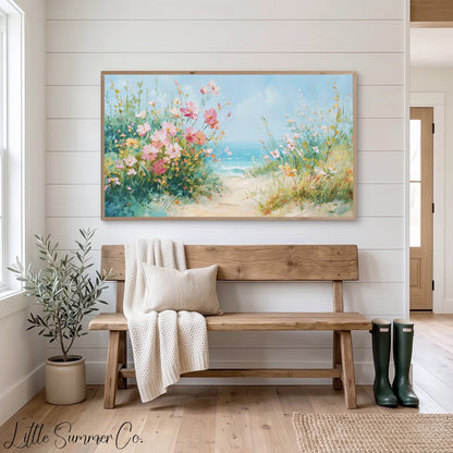 Coastal Wildflowers Beach Path Frame TV Art displayed on a TV