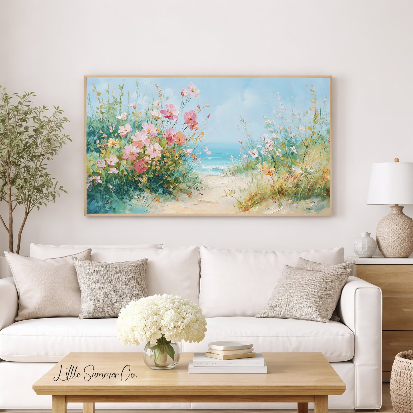 Coastal Wildflowers Beach Path Frame TV Art displayed on a TV