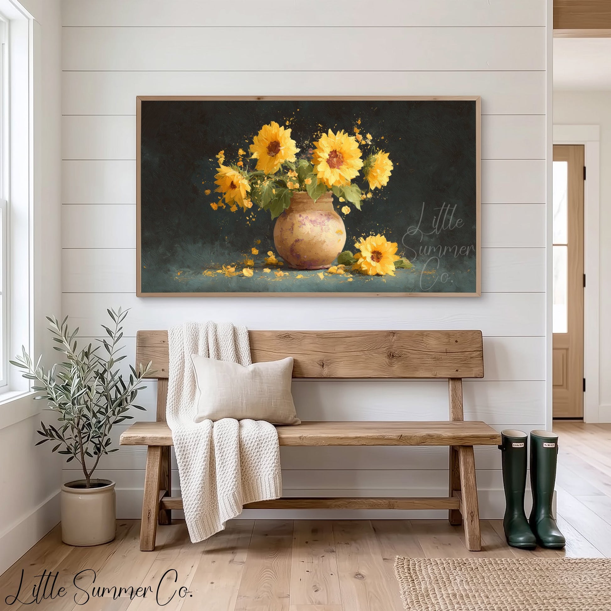 Sunflowers in Rustic Vase Frame TV Art displayed on a TV