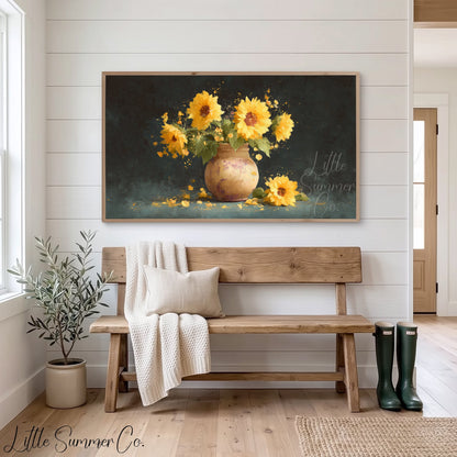 Sunflowers in Rustic Vase Frame TV Art displayed on a TV