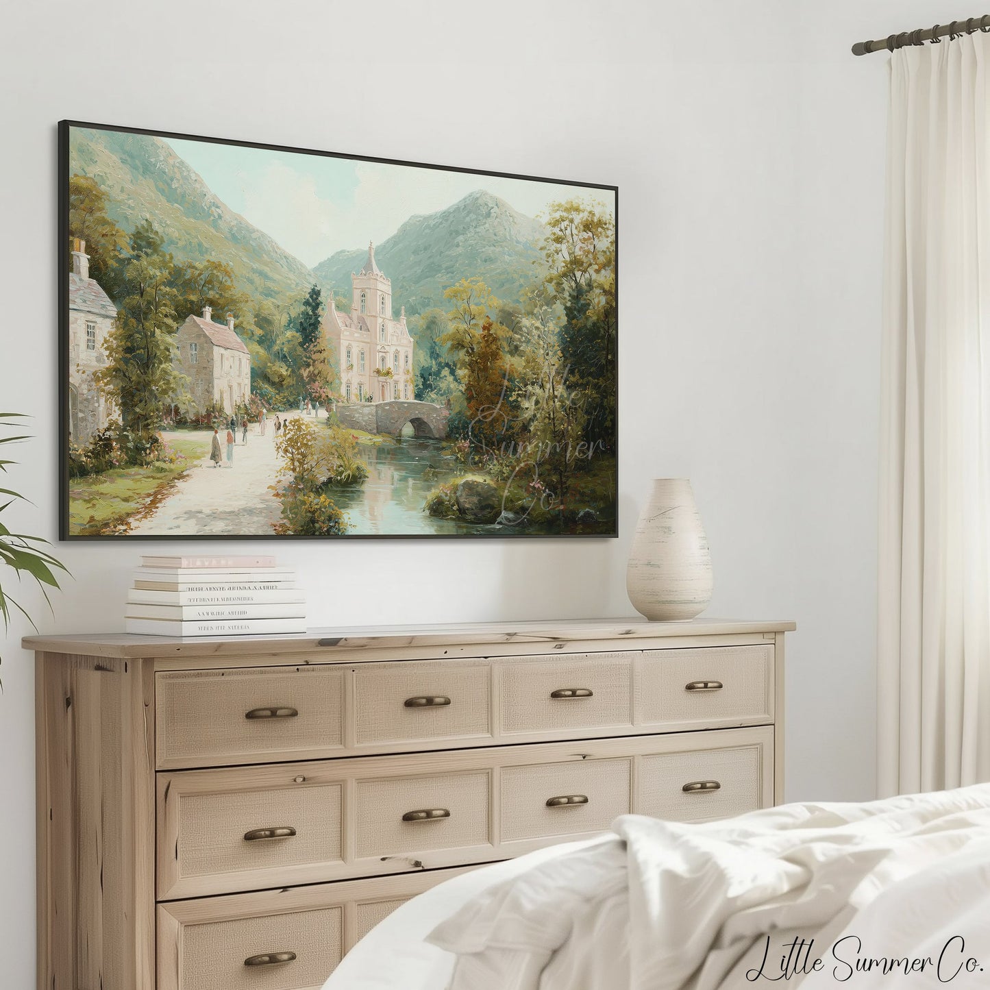 Mountain Estate Bridge Frame TV Art displayed on a TV