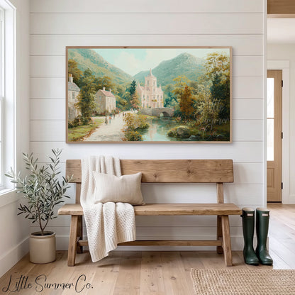 Mountain Estate Bridge Frame TV Art displayed on a TV