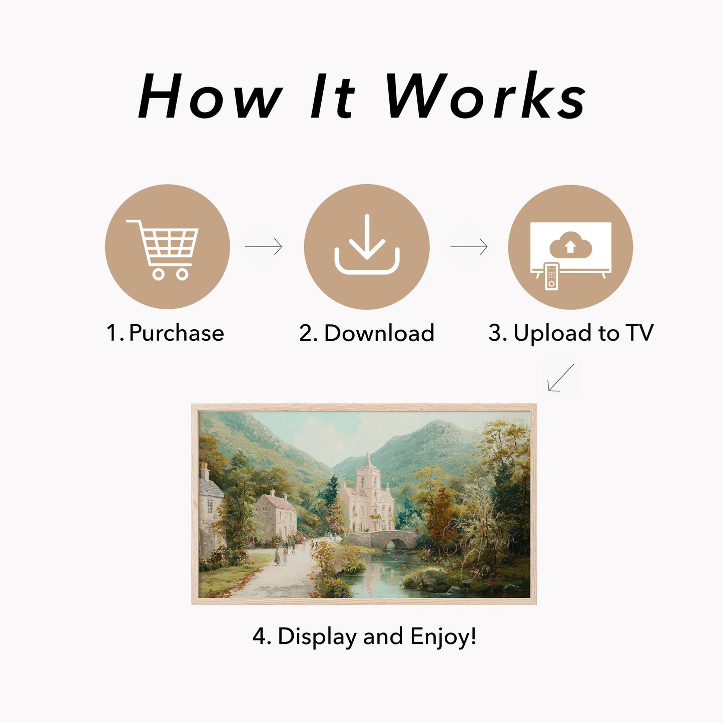 Mountain Estate Bridge Frame TV Art displayed on a TV