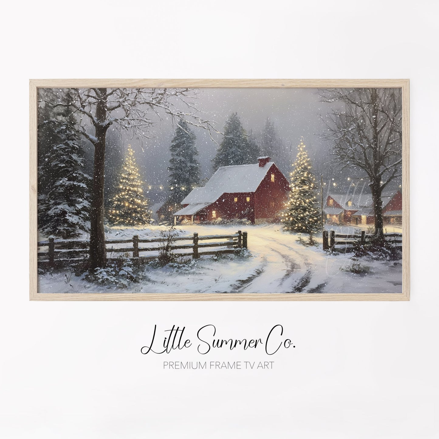 Snowy Red Barn Frame TV Art displayed on a TV