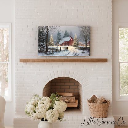 Snowy Red Barn Frame TV Art displayed on a TV