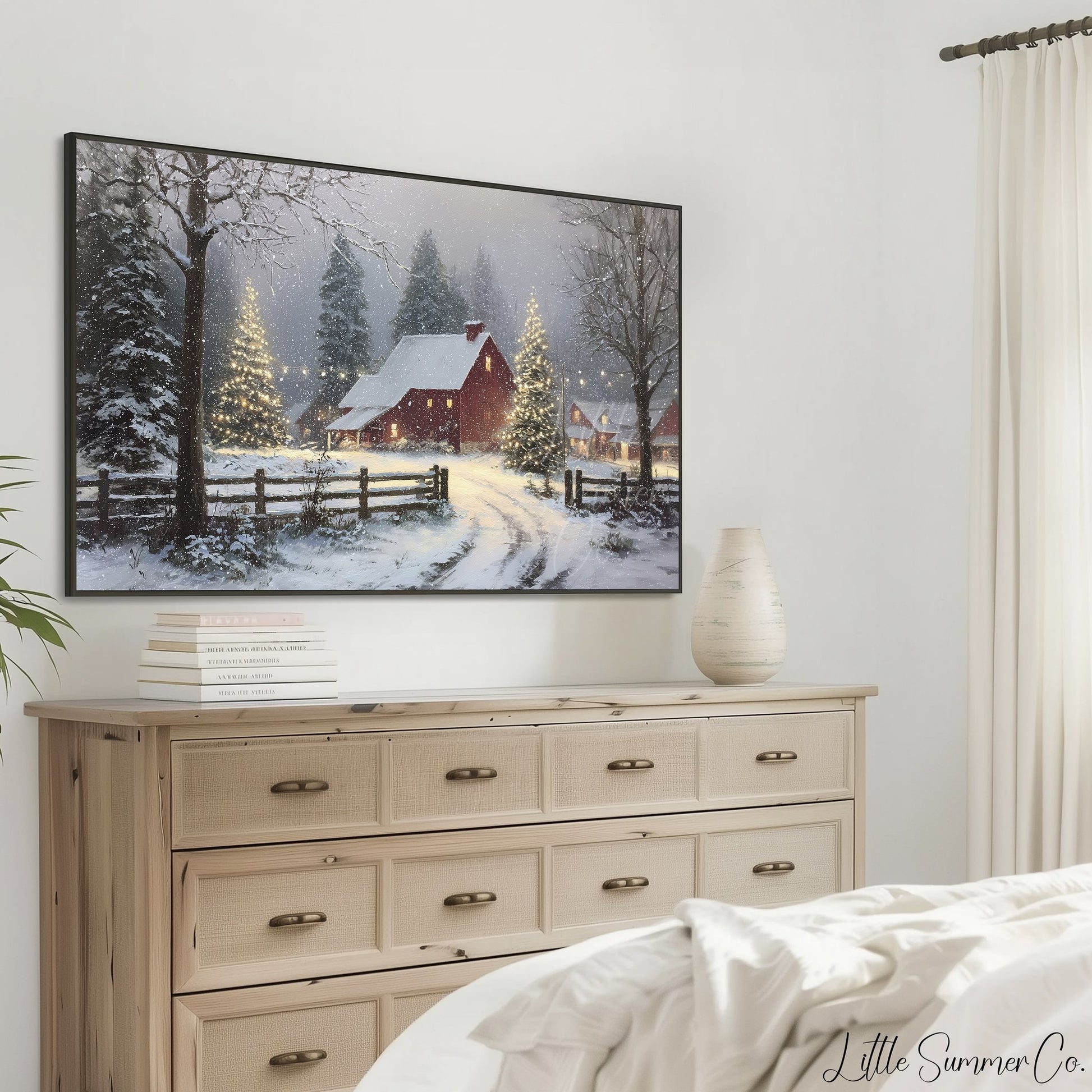 Snowy Red Barn Frame TV Art displayed on a TV