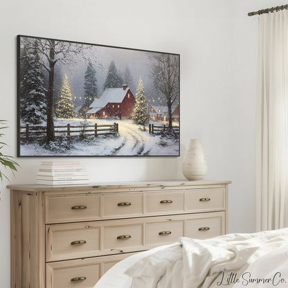 Snowy Red Barn Frame TV Art displayed on a TV