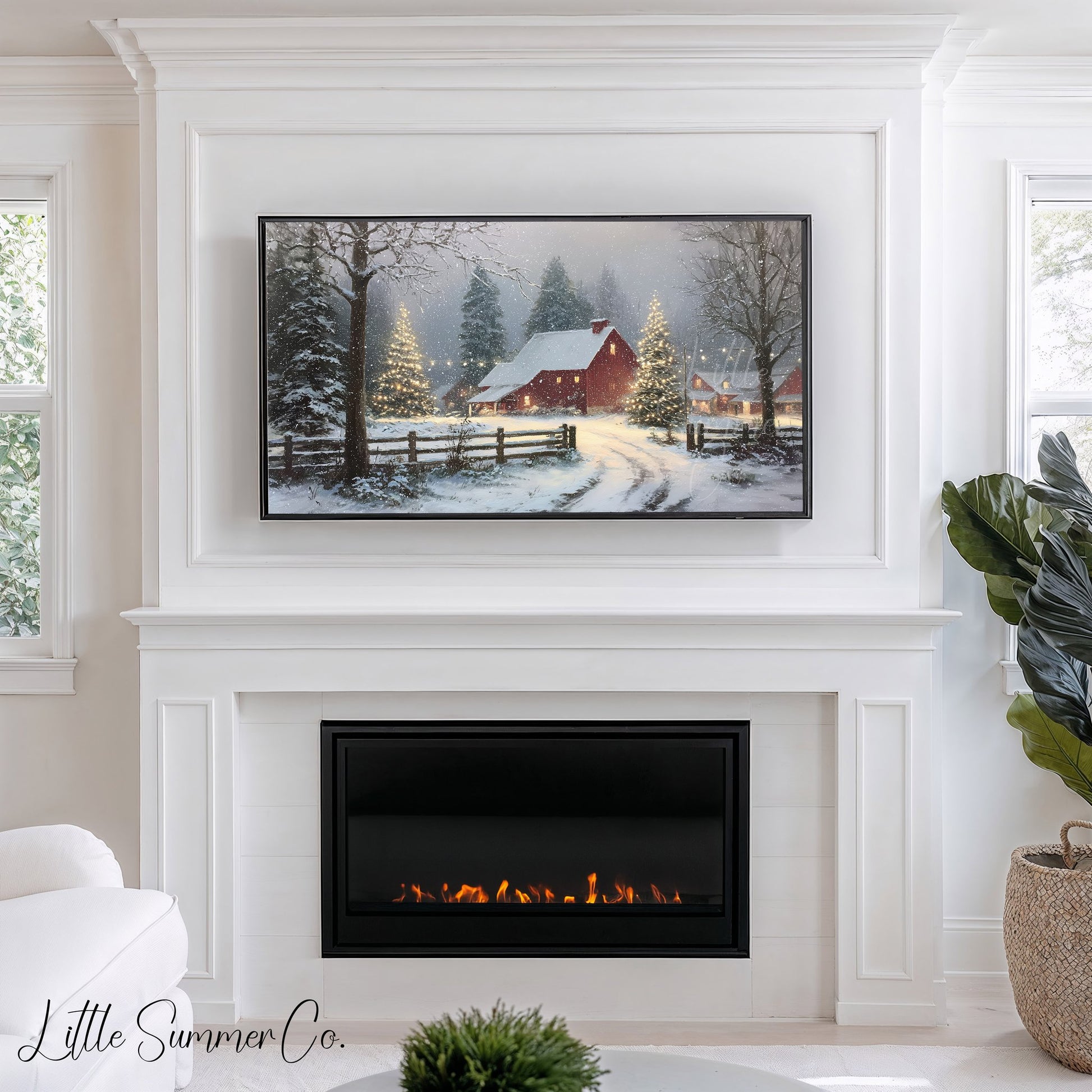 Snowy Red Barn Frame TV Art displayed on a TV