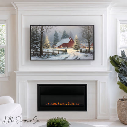 Snowy Red Barn Frame TV Art displayed on a TV