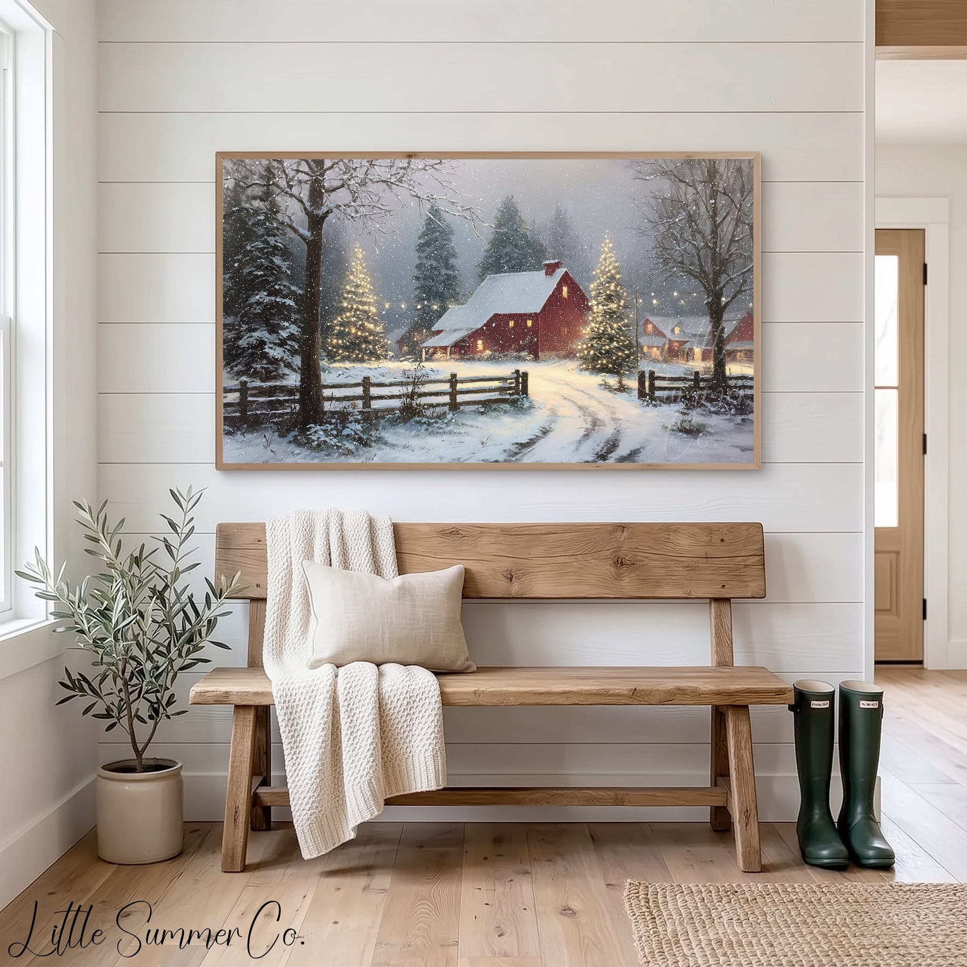 Snowy Red Barn Frame TV Art displayed on a TV
