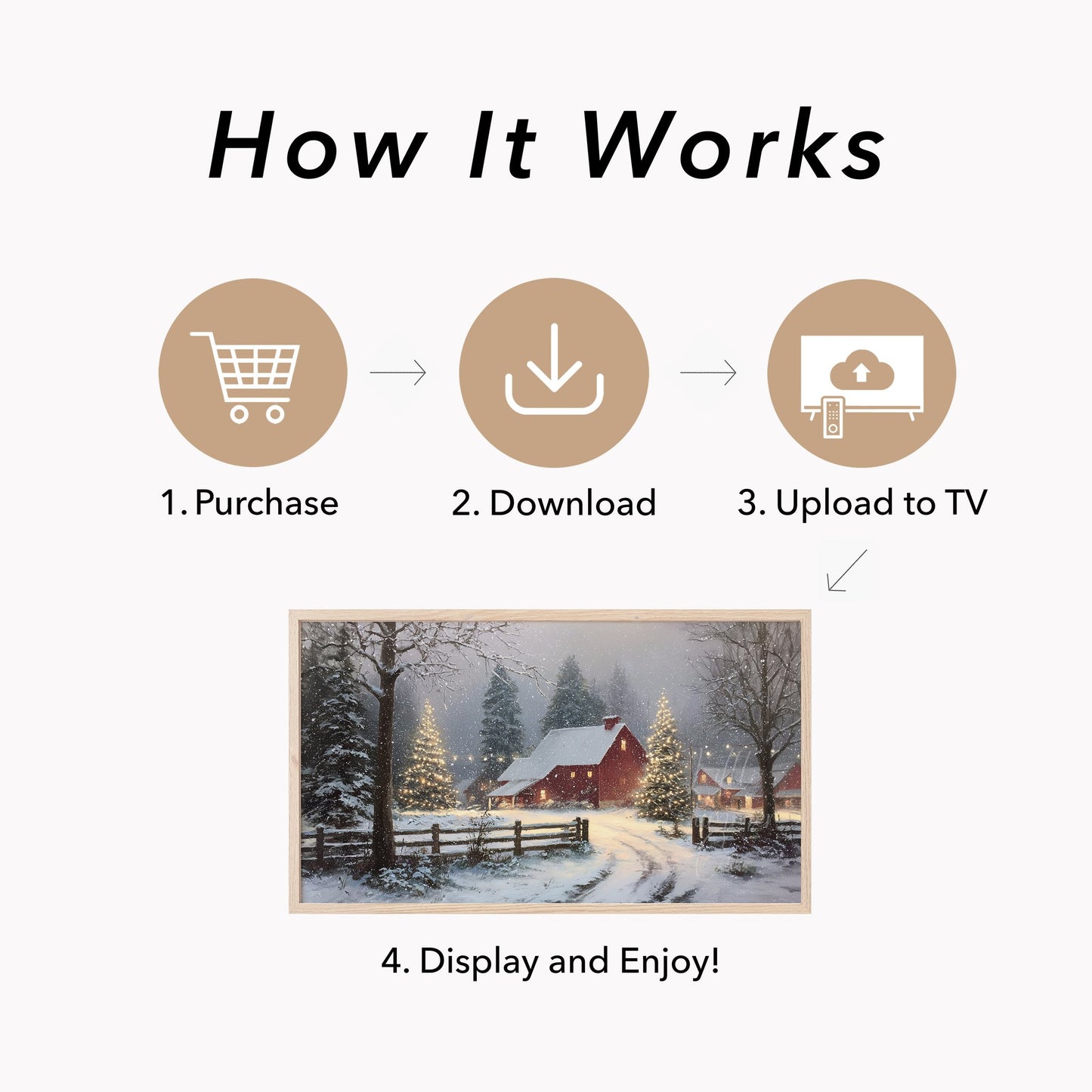 Snowy Red Barn Frame TV Art displayed on a TV