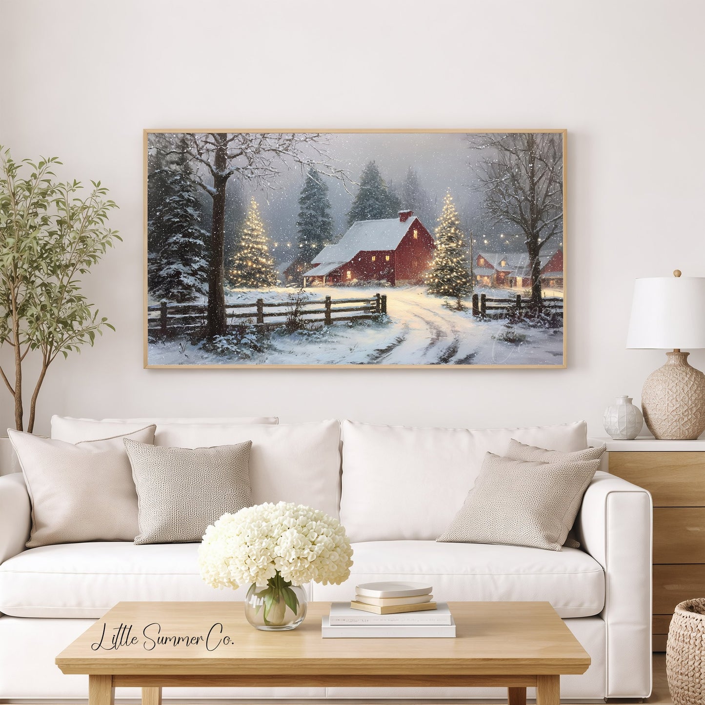 Snowy Red Barn Frame TV Art displayed on a TV