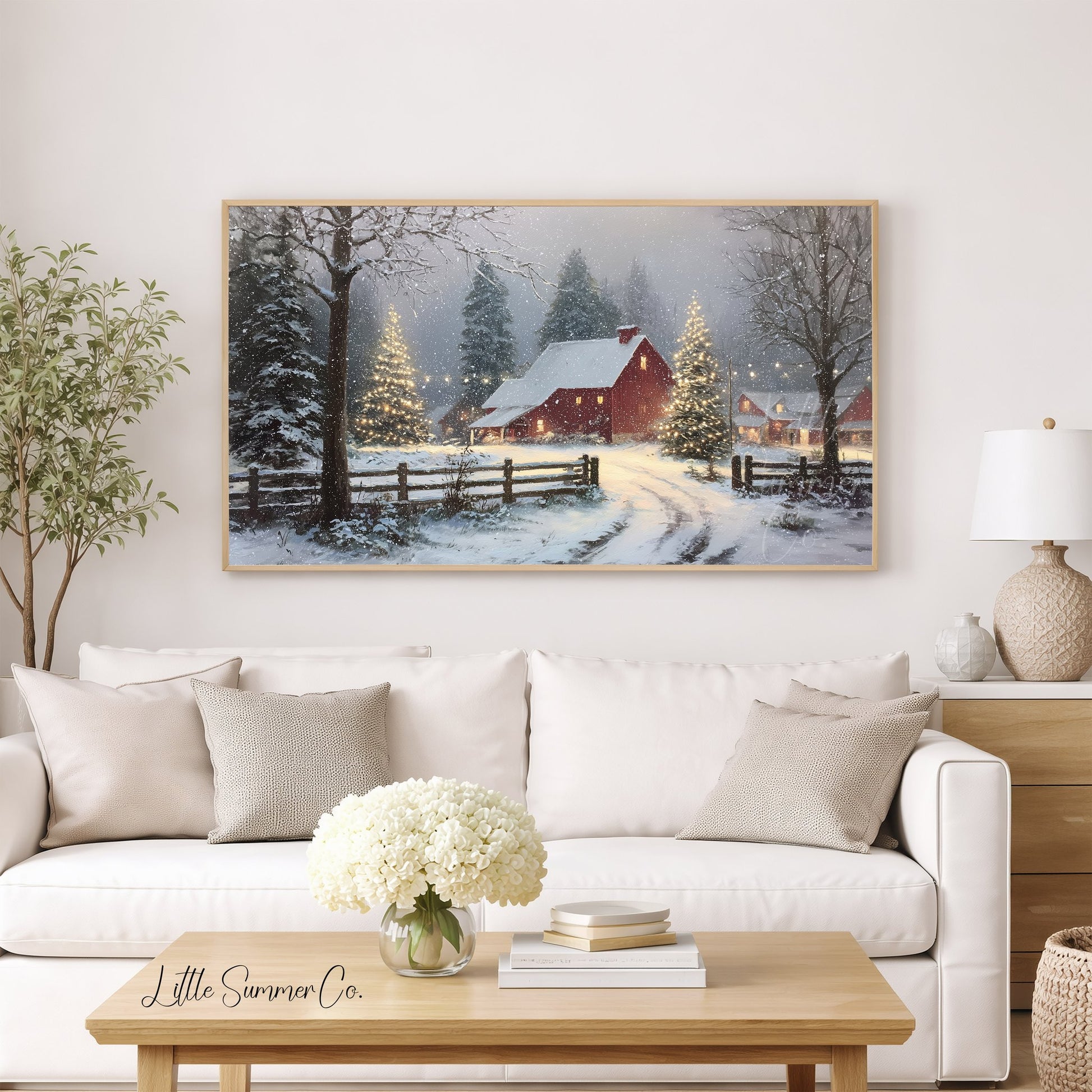 Snowy Red Barn Frame TV Art displayed on a TV