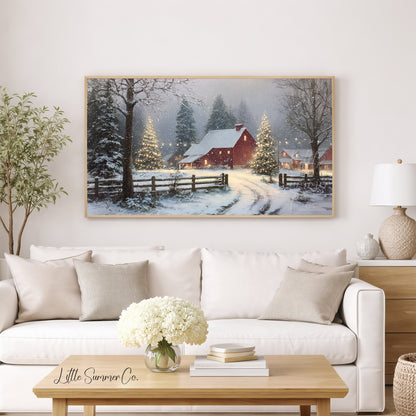 Snowy Red Barn Frame TV Art displayed on a TV