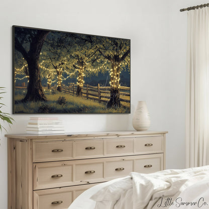 Trees with Fairy Lights Frame TV Art displayed on a TV