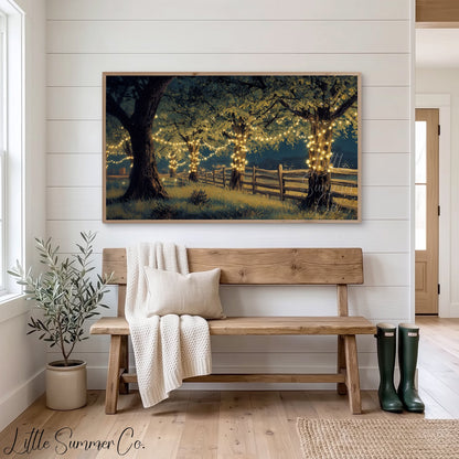Trees with Fairy Lights Frame TV Art displayed on a TV