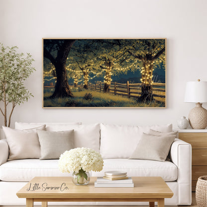 Trees with Fairy Lights Frame TV Art displayed on a TV