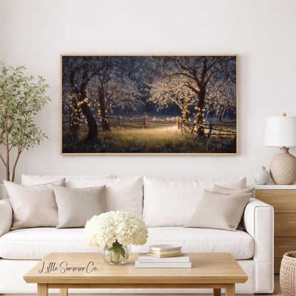 Blossom Trees with Fairy Lights Frame TV Art displayed on a TV