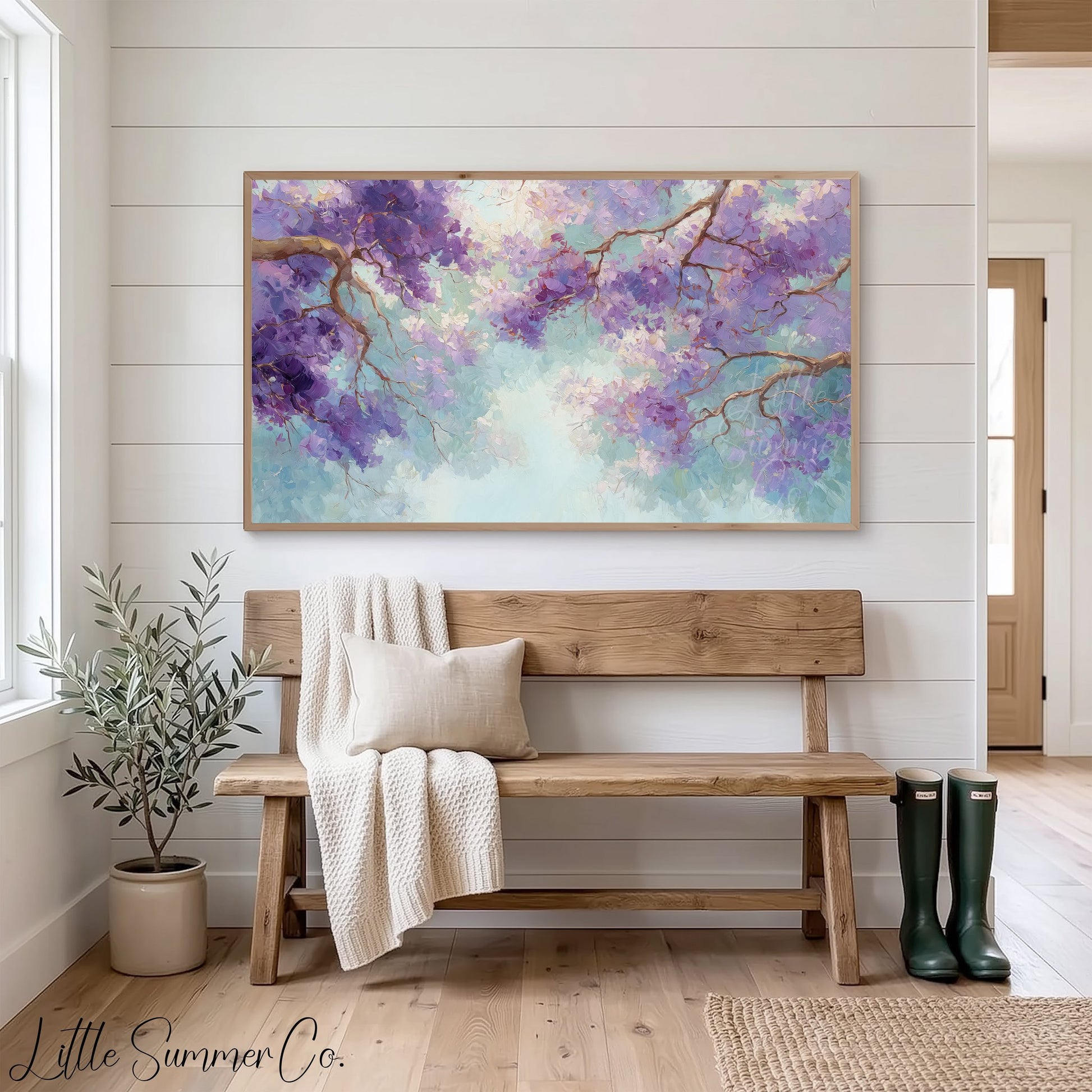 Jacaranda Blossoms Frame TV Art displayed on a TV