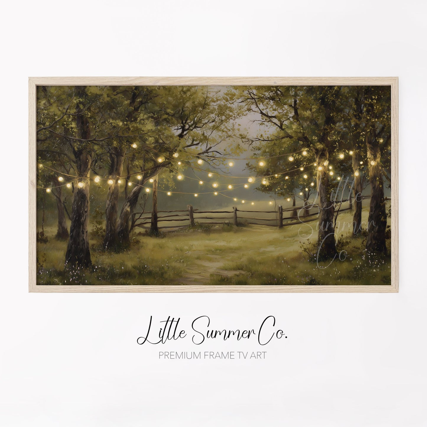 String Lights in Summer Forest Frame TV Art displayed on a TV