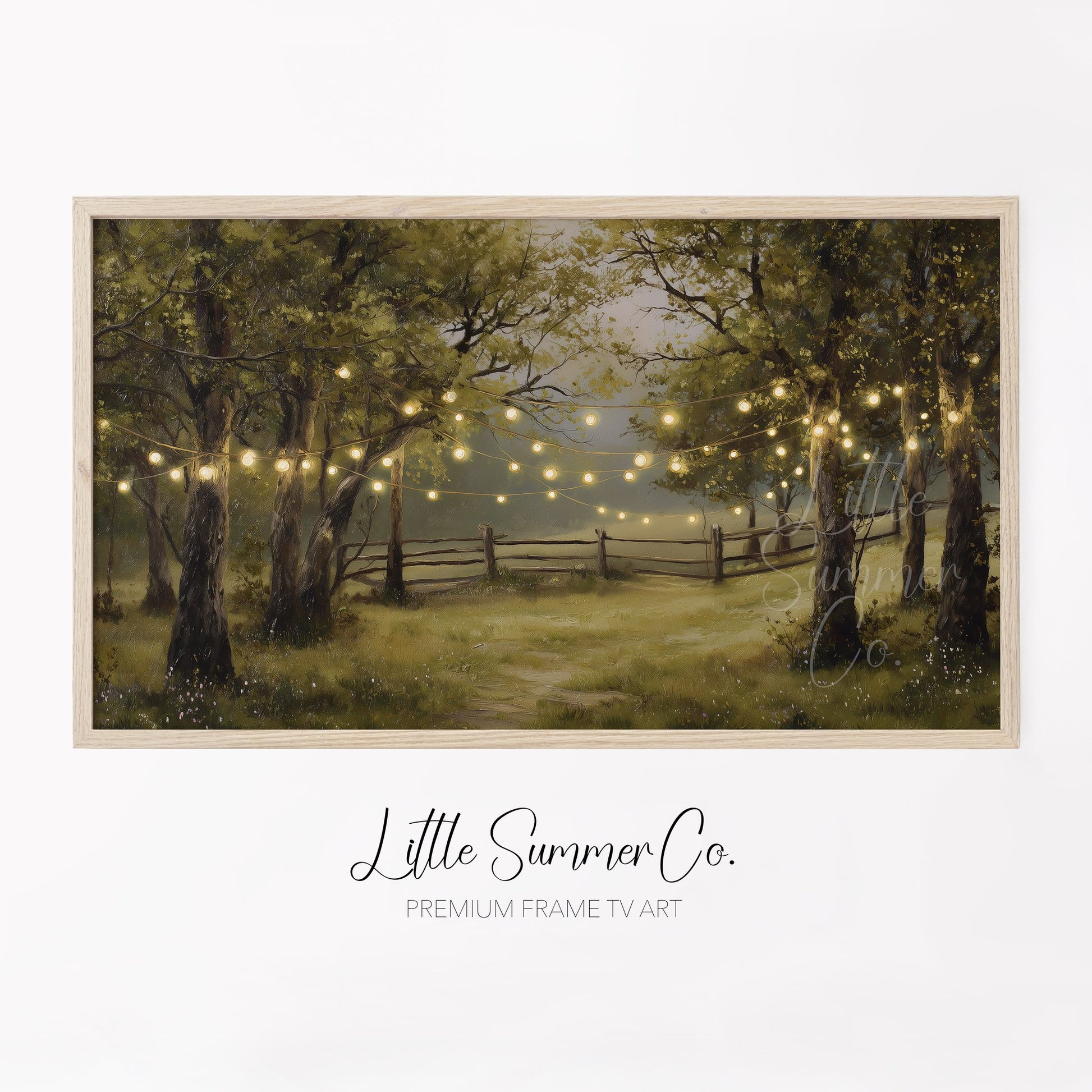 String Lights in Summer Forest Frame TV Art displayed on a TV