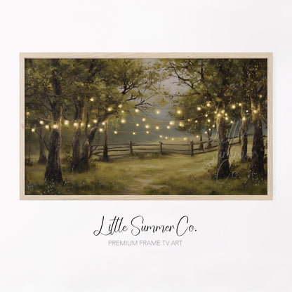 String Lights in Summer Forest Frame TV Art displayed on a TV