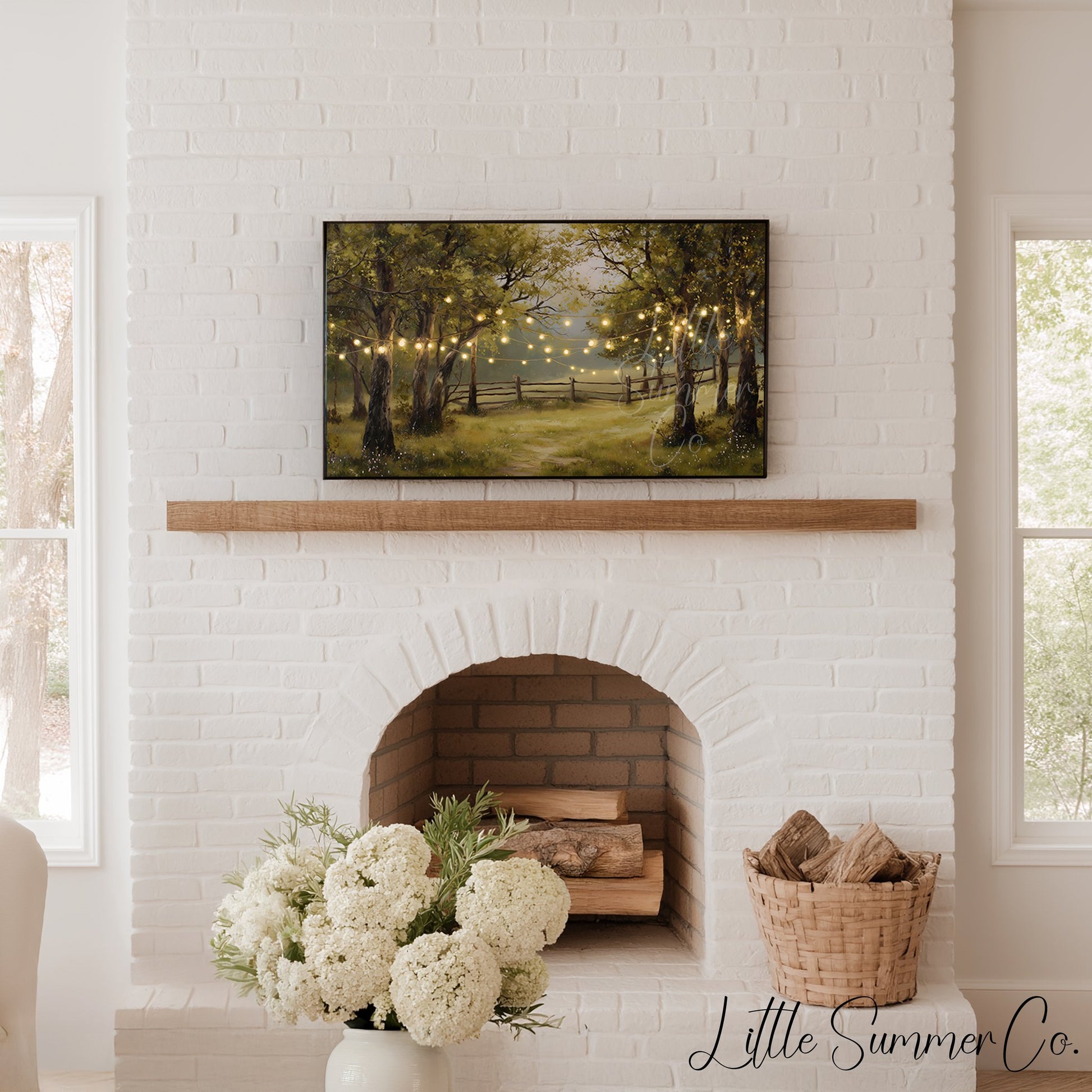 String Lights in Summer Forest Frame TV Art displayed on a TV