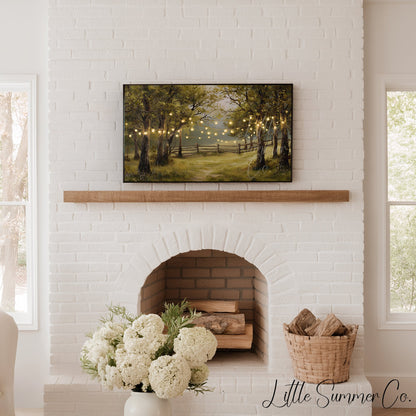 String Lights in Summer Forest Frame TV Art displayed on a TV