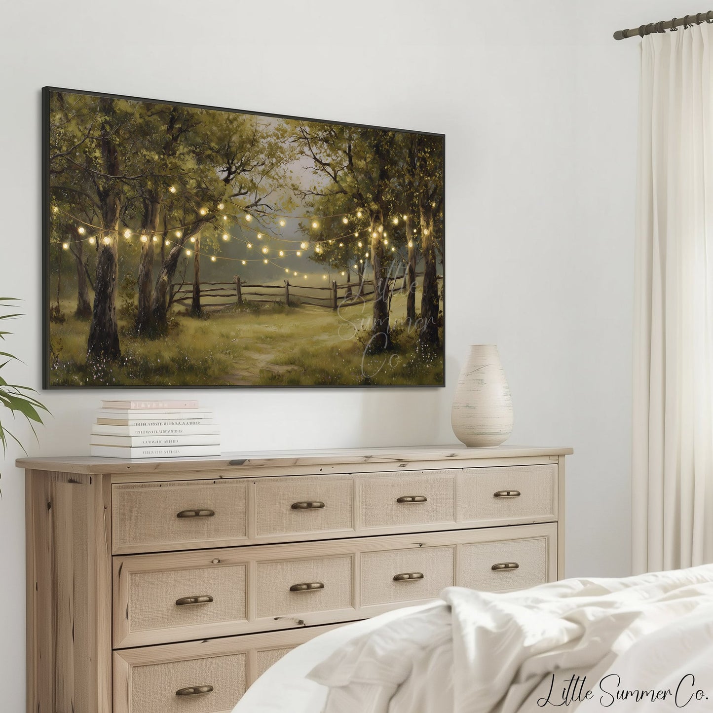 String Lights in Summer Forest Frame TV Art displayed on a TV