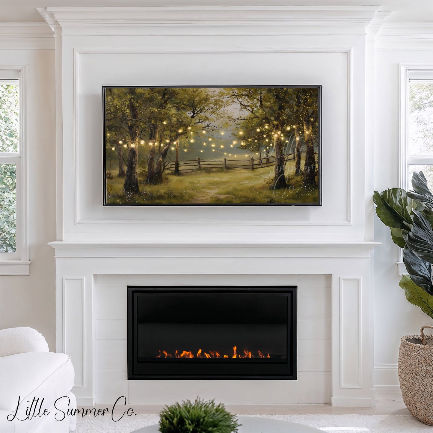 String Lights in Summer Forest Frame TV Art displayed on a TV