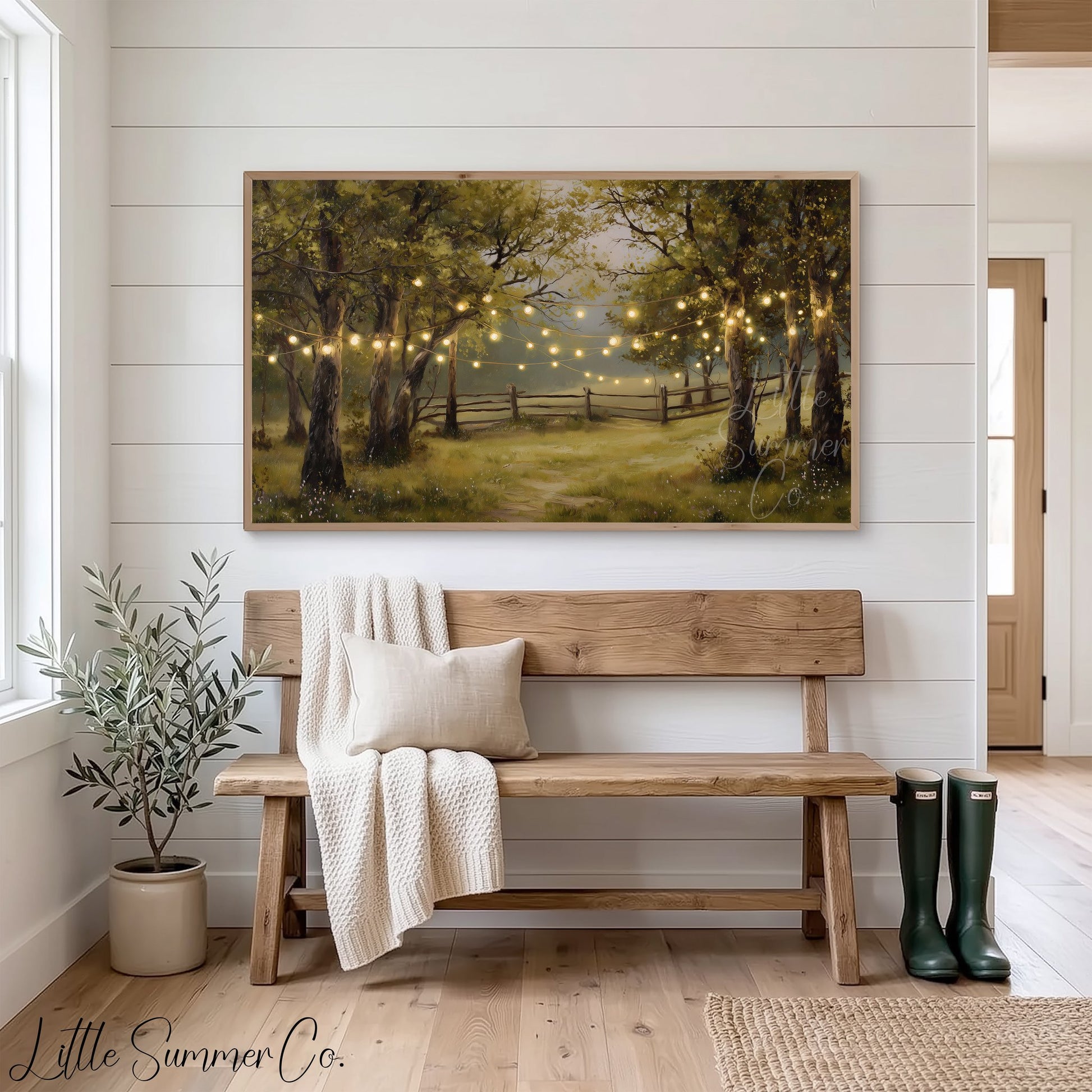 String Lights in Summer Forest Frame TV Art displayed on a TV