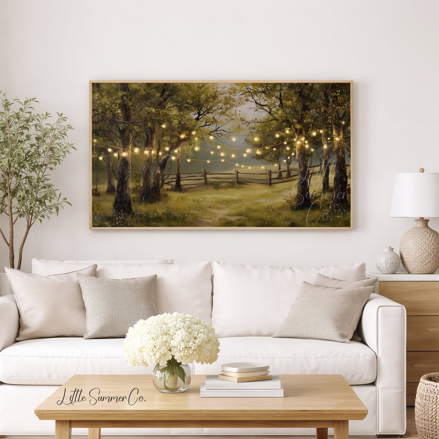 String Lights in Summer Forest Frame TV Art displayed on a TV